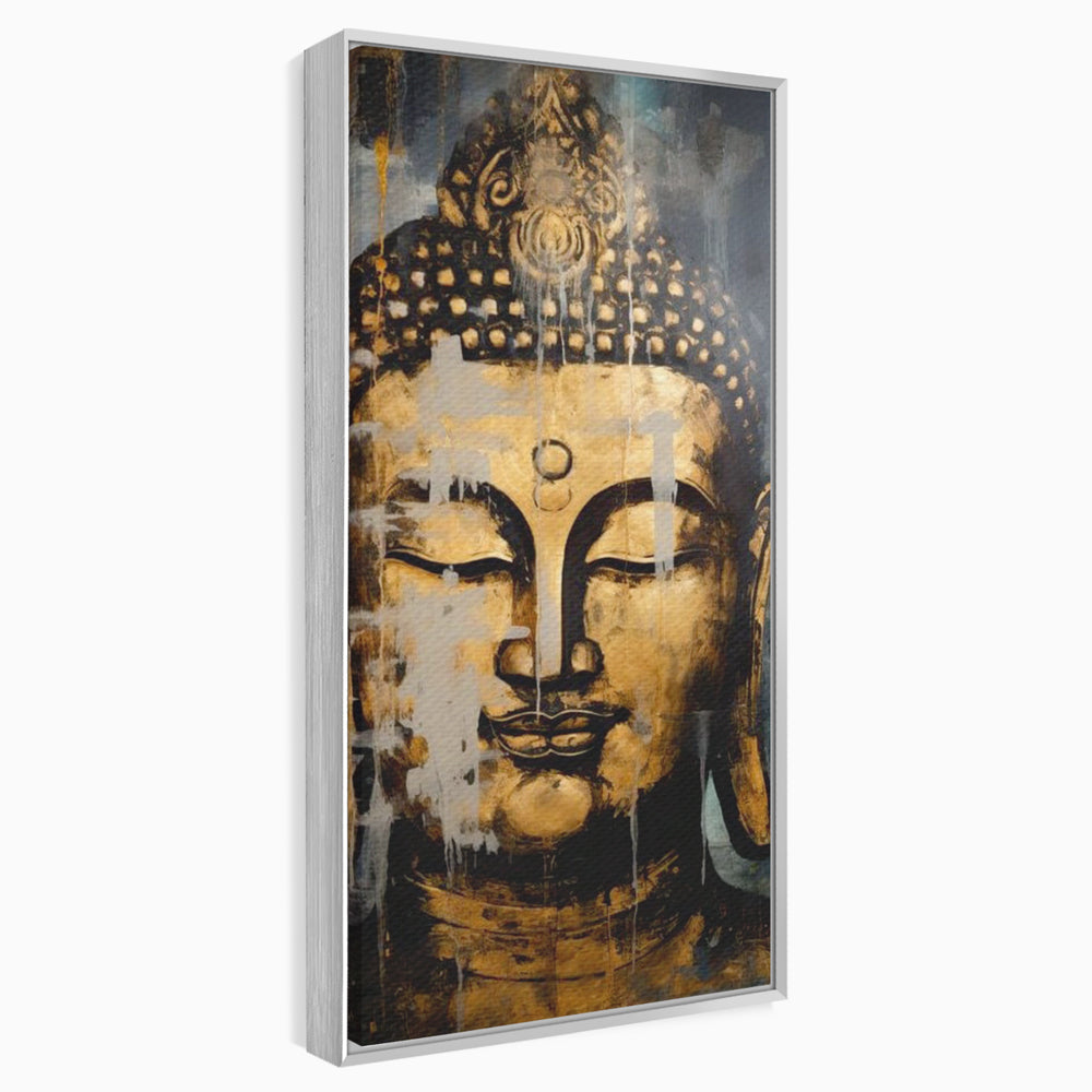 Tablou canvas cu tablou canvas cu chipul lui buddha, in rama de aluminiu argintiu